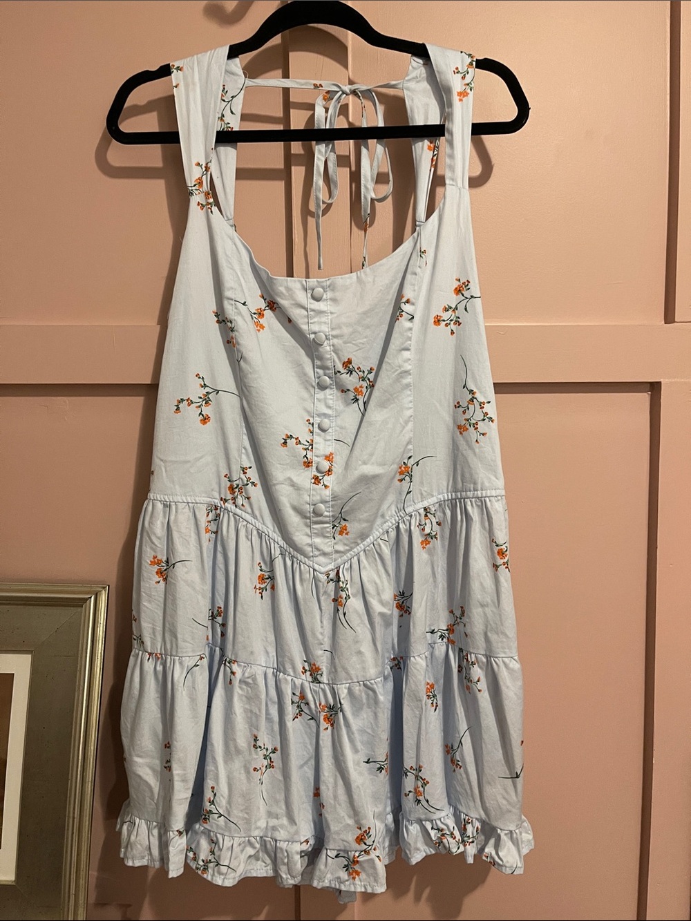 XL Light Blue Tiered Romper with Orange Floral Accents